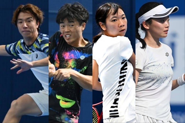 「SBCドリームテニスツアー」1stラウンドに出場する白石光、川上倫平、伊藤あおい、荒川晴菜（左から）。写真提供：SBCドリームテニスツアー