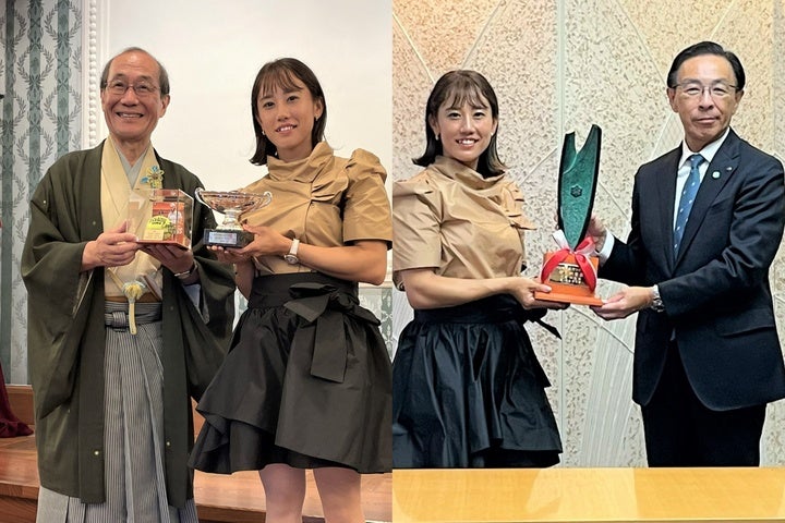 地元京都から表彰を受け「よい報告ができた」と加藤未唯（左側は門川大作市長、右側は西脇隆俊府知事）。写真：内田暁