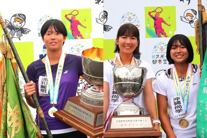 個人戦シングルス優勝の小髙未織（左）と、ダブルス優勝の新城英万／水口由貴（右）。写真：前道右京（スマッシュ編集部）