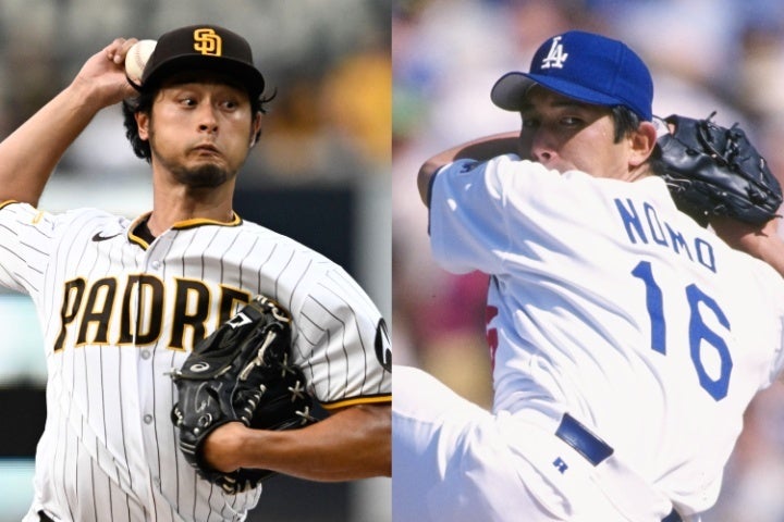 ダルビッシュ（左）が、野茂（右）が保持していたメジャー日本人奪三振記録を抜いた。(C) Getty Images