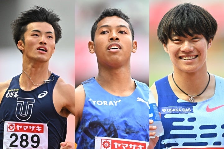 100ｍ予選で準決勝に駒を進めた栁田（左）とサニブラウン（中央）。坂井（右）は敗退した。写真：金子拓弥（THE DIGEST写真部）