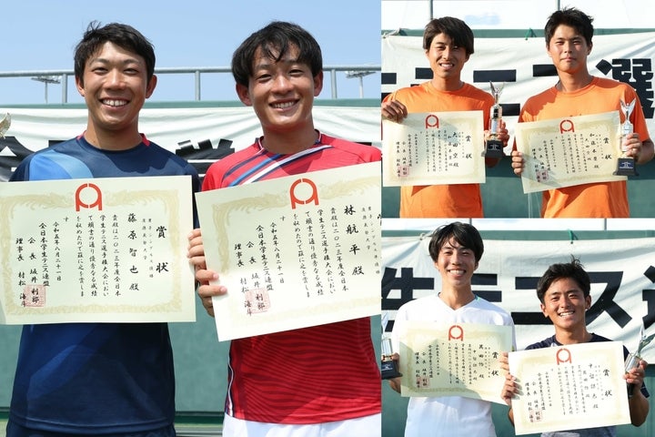 男子シングルス優勝の藤原智也と林航平（左写真）、男子ダブルス優勝の大田空／加藤木塁（右上）、同準優勝の其田怜／中留諒太（右下）。写真：滝川敏之