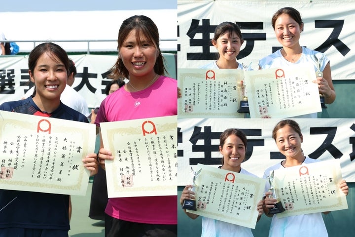 女子シングルス、準優勝の大橋麗美華と優勝の吉本菜月（左写真）、女子ダブルス優勝の神鳥舞／齋藤優寧（右上）、同準優勝の大橋／中島玲亜（右下）。写真：滝川敏之