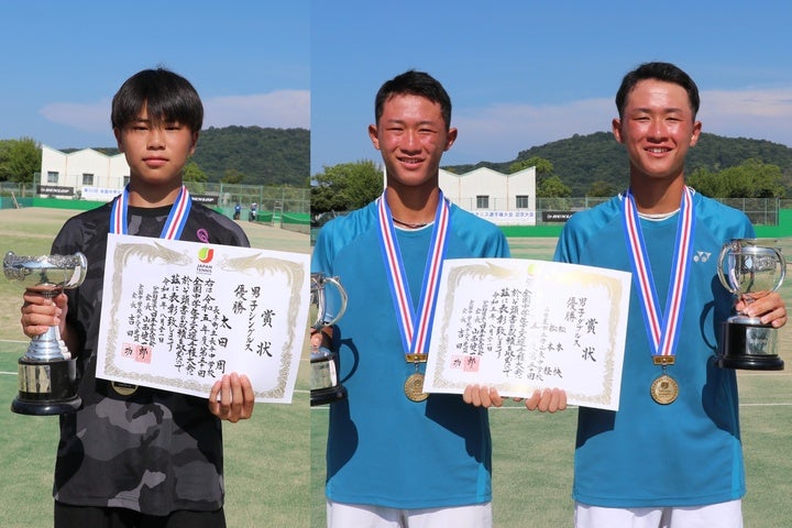 男子単はノーシードの太田周（写真左）が制し、ダブルスは松本経／松本快（右）が双子ならではの息の合ったプレーで大会連覇を達成した。写真：スマッシュ編集部