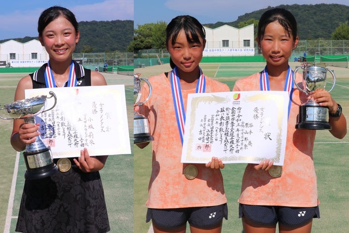女子単は小坂莉來（写真左）が第１シードを守り切って優勝。複は今大会の団体戦でも優勝している柴山那奈／谷本葵（右）が２冠を達成した。写真：スマッシュ編集部