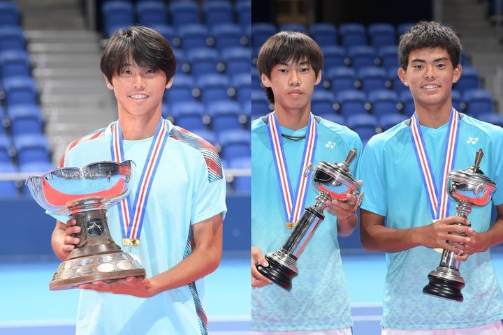 男子シングルスは第２シードの大岐（左）が優勝。ダブルスは水野／本山（右）が積極的なプレーで全国制覇を果たした。写真：鈴木颯太朗