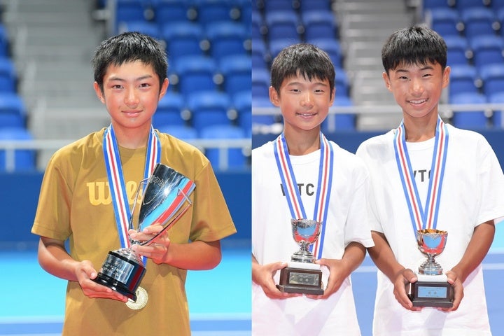 男子シングルスは接戦を制した金田が全国制覇（左）。ダブルスは木暮／三木（右）が抜群のペアワークで優勝。写真：鈴木颯太朗