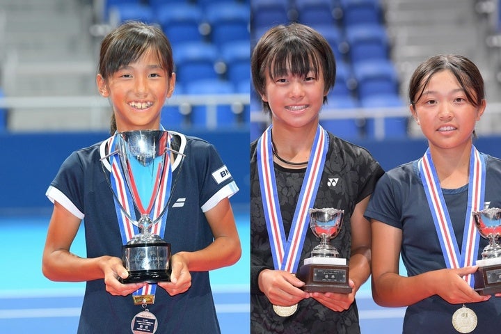 女子シングルスは、原口（左）が第１シードを守って優勝。５月の全国選抜に続き２冠を達成した。ダブルスは奥山／大村（右）が息の合ったプレーで全国制覇。写真：鈴木颯太朗