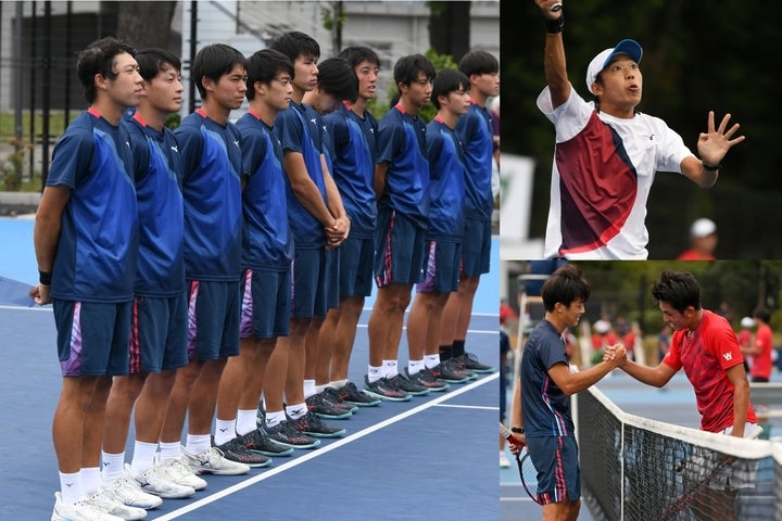 関東大学リーグ男子、全勝で優勝を飾った慶應義塾大学（左写真）。エースとして慶大を引っ張った藤原智也（右上）。高木翼が山口柚希を破って慶大の勝利を決めた（右下）。写真：渡辺隆康（スマッシュ編集部）