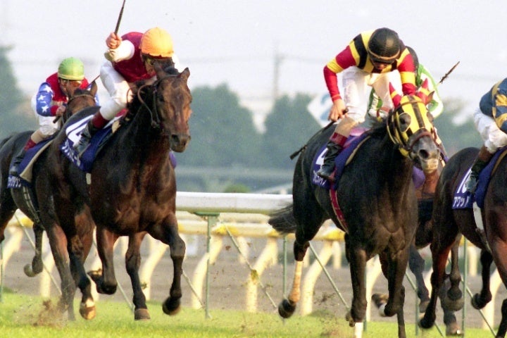 96年ジャパンC。14番シングスピール（左）と、ゴール前で激しく叩き合うファビラスラフイン（右）。写真：産経新聞社