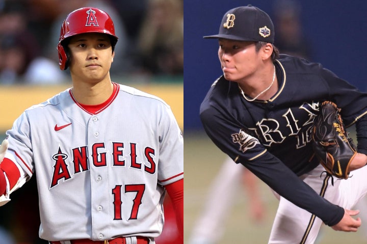 今オフにポスティングシステムでMLBに挑戦すると見られている山本（右）とエンジェルスの大谷（左）。写真：鈴木颯太朗、(C)Getty Images