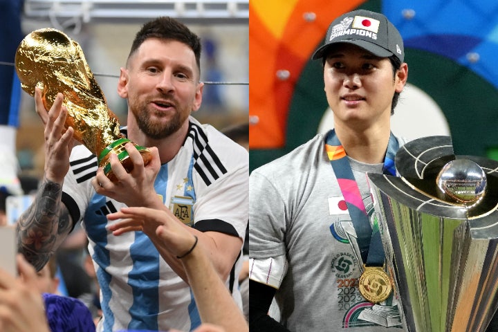 W杯を制したアルゼンチン代表のメッシ（左）とWBCで日本代表を頂点に導いた大谷（右）。(C)Getty Images