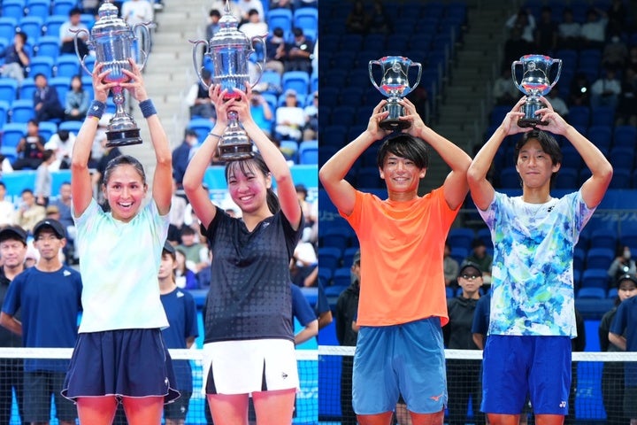 女子ダブルス優勝の瀬間詠里花／伊藤あおいと男子ダブルス優勝の渡邉聖太／市川泰誠。写真：田中研治（THE DIGEST写真部)