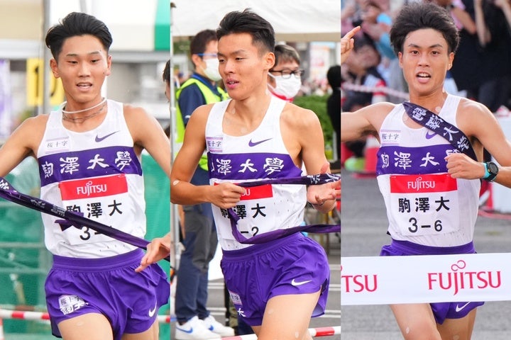 27分台で自己新を出した駒澤大の３選手。左から篠原、佐藤、鈴木。写真：田中研治（THE DIGEST写真部）