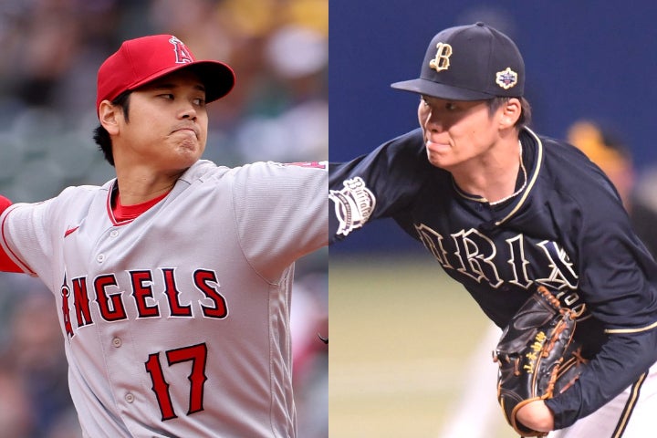 MLB記者が大谷（左）のスプリッター、山本（右）のカーブを称賛した。写真：鈴木颯太朗、(C)Getty Images