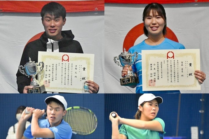 全日本学生室内、男子シングルス優勝の中村元（左側）と女子シングルス優勝の吉本菜月（右側）。吉本は女子複も制した。写真提供：全日本学生テニス連盟