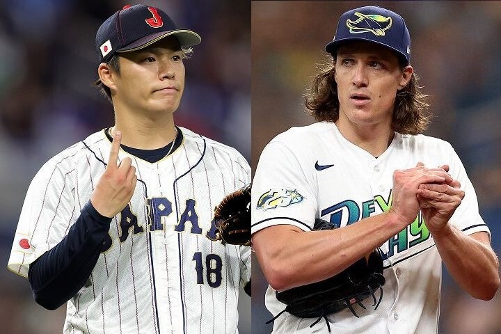 ドジャースで共闘することになった山本（左）とグラスノー。先発ローテーションは強力な陣容となりそうだ。(C) Getty Images