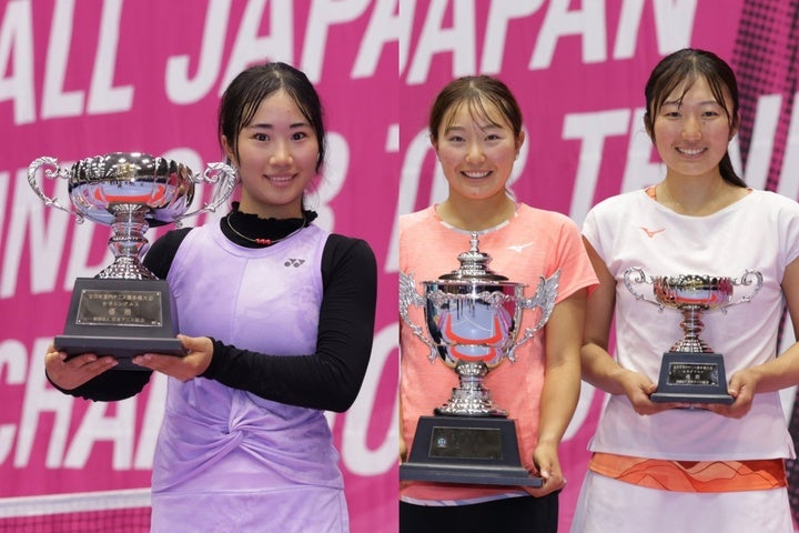 女子シングルス優勝は17歳の西村（左）。前日開催された同ダブルスは芝田／吉川がタイトルを獲得した。写真提供：京都府テニス協会、撮影：真野博正