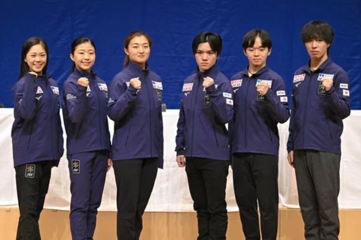 世界選手権の代表メンバーに選出された左から吉田、千葉、坂本、宇野、鍵山、三浦。写真：金子拓弥（THE DIGEST写真部）