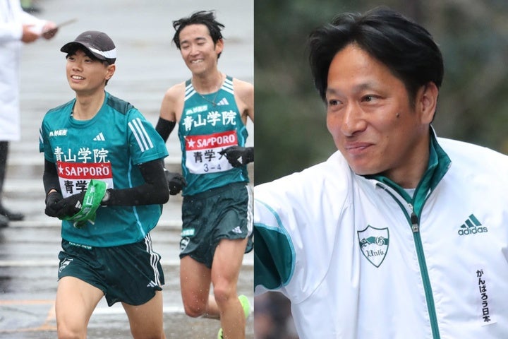 青学大の原監督（右）は100回目となる箱根駅伝で、チームを２年ぶり６度目の往路優勝に導いた。写真：滝川敏之、産経新聞社
