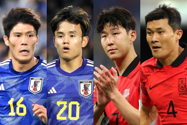 欧州メディアによるアジアカップ主役候補ベスト11に、冨安（左）や久保（左から２人目）、ソン・フンミン（右から２人目）、キム・ミンジェ（右）らが選ばれた。(C)Getty Images
