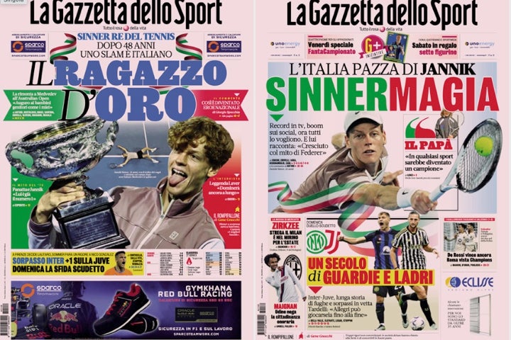 全豪での優勝を報じた１月29日（左）に続いて、翌30日も『Gazzetta dello Sport』紙の１面を飾ったシナー（右）。(C) Gazzetta dello Sport
