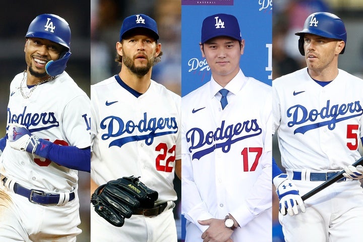 元MVPプレーヤー４人がドジャースに揃った。左からベッツ、カーショウ、大谷、フリーマン。(C)Getty Images