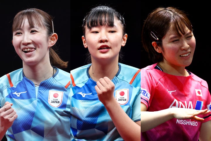 （左から）早田、張本、平野の３人がそれぞれ勝利して、日本がブラジルに３ー０でストレート勝ちした。(C)Getty Images
