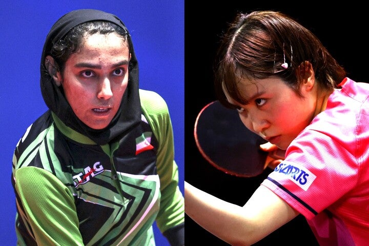 平野（右）から大金星目前も無念の逆転負けを喫したイランのアシュタリ（左）。WTTがこの試合を絶賛している。(C)Getty Images