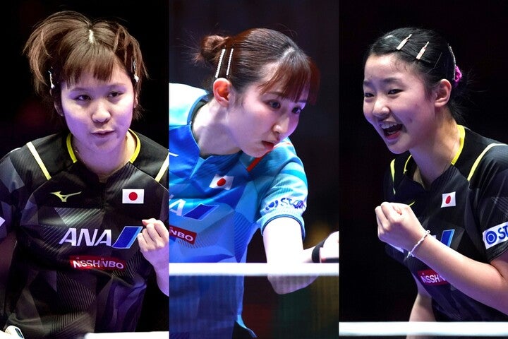 左から平野、早田、張本の日本女子がクロアチアを撃破。パリ五輪の団体出場権を確定させた。(C)WTT
