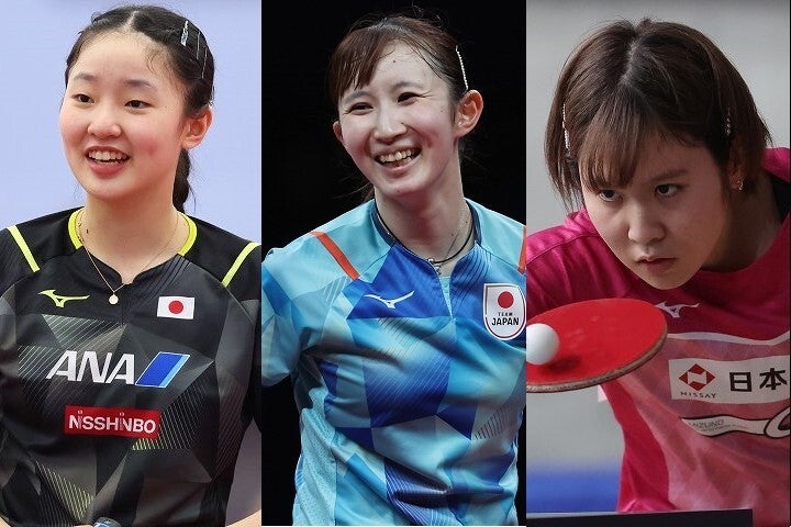 21日のクロアチア戦に出場した張本、早田、平野。写真：YUTAKA/アフロスポーツ、Getty Images