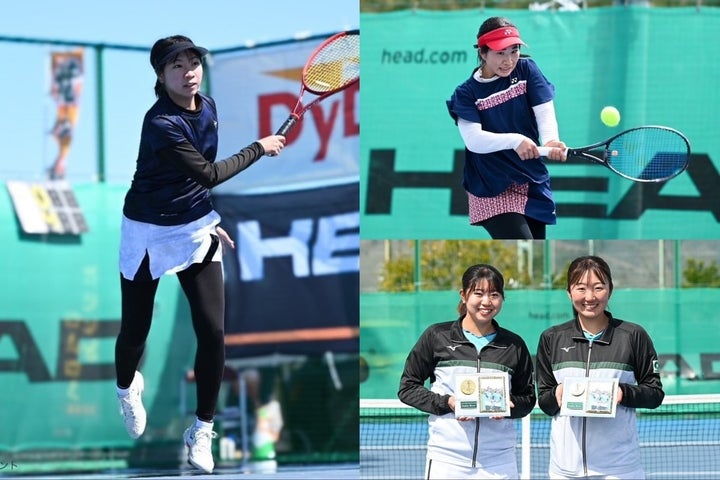 ITF亜大国際女子、シングルス準優勝の伊藤あおい（左）、ベスト４の西村佳世（右上）、ダブルス優勝の冨永栞／吉川ひかる（右下）。写真提供：亜細亜大学国際女子テニストーナメント