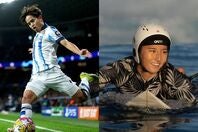サッカー日本代表MFの久保建英（左）らとCM出演した松田詩野（右）。(C)Getty Images／（C)ISA