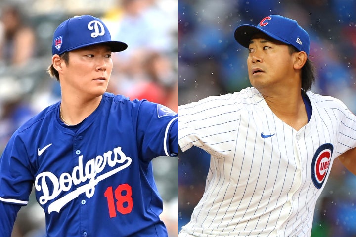 勝ちはつかなかったものの、ドジャース相手に４回無失点と好投した今永（右）。山本（左）もカブス戦でMLB初勝利を挙げるなど、実力を存分に発揮している。(C)Getty Images