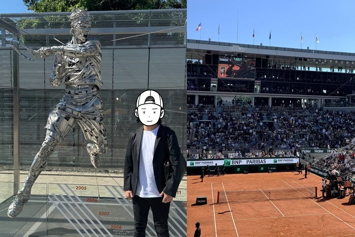 テニス漫画『BREAK BACK』（ブレークバック）の著者KASA（カサ）氏が独自の視点で全仏オープンをリポートした（写真左は同氏とナダル像／右はセンターコート）。写真：kASA氏提供