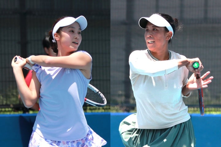 16日の女子シングルス決勝を戦うことになった西郷里奈（左）と秋田史帆（右）。写真：小松崎弘（スマッシュ編集部）