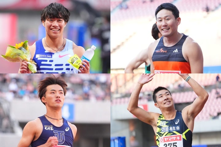 左上から陸上のパリ五輪100ｍ代表に内定した坂井、東田。柳田（左下）と桐生（右下）は400mリレーでの代表選出となった。写真：田中研治（THE DIGEST写真部）