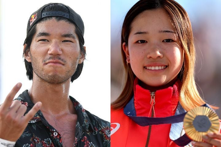 スケートボード女子ストリートで、金メダルを獲得した14歳の吉沢（右）と解説者として話題となった瀬尻氏。(C) Getty Images