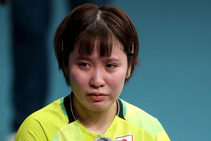 シン・ユビンに敗れ、悔し涙を流す平野美宇。(C) Getty Images
