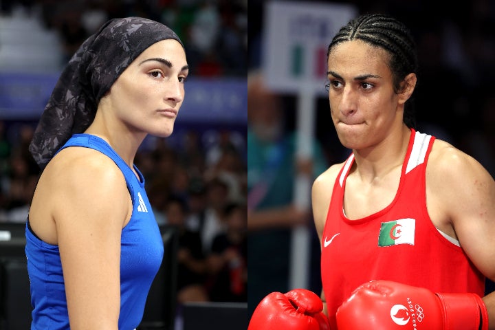 女子ボクシング66キロ級２回戦で、棄権したイタリアのカリーニ（左）。試合後の夜に対戦相手のケリフ（右）について「彼女には何の罪もありません」と語った。(C)Getty Images