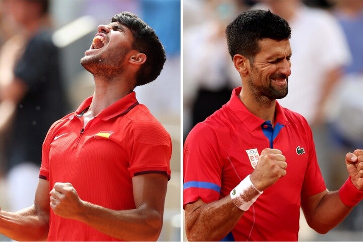 パリ五輪がオリンピックデビューのアルカラス（左）と、準決勝に勝利して喜びに震えるジョコビッチ（右）。(C)Getty Images