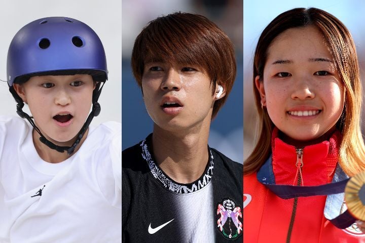 スケートボード日本代表の男子ストリートで金の堀米雄斗（中央）、小野寺吟雲（左）、女子ストリートで金の吉沢恋（右）。(C) Getty Images