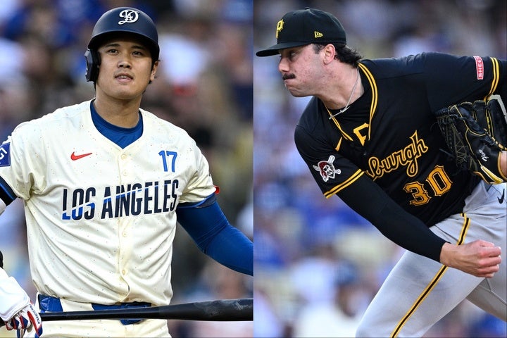 前回は３打数２安打と完勝した大谷（左）だが、２度目の対決となる今回は３打数無安打とスキーンズ（右）に完敗。だが、ドジャースはスキーンズを打ち崩して勝利した。(C)Getty Images