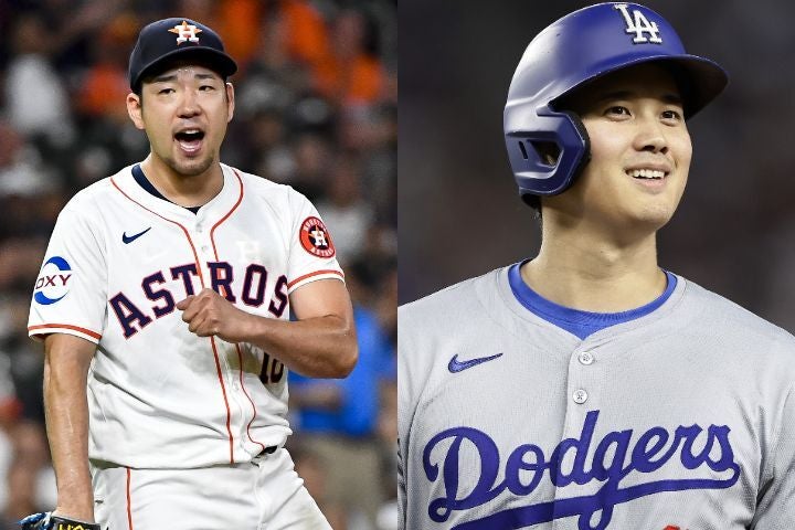 “51-51”の偉業を成し遂げたドジャースの大谷翔平（右）とアストロズの菊池（左）。(C) Getty Images