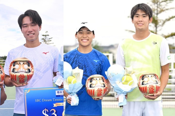 左からシングルス優勝の今村、ダブルス優勝の松田、川橋。(C)SBC DREAM Tennis 長浜功明