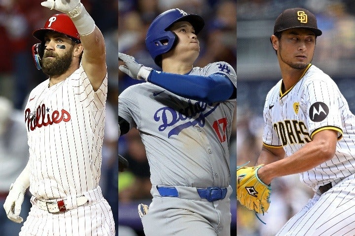 ドジャースの大谷（中央）とフィリーズのハーパー（左）、パドレスのダルビッシュ（右）。(C)Getty Images