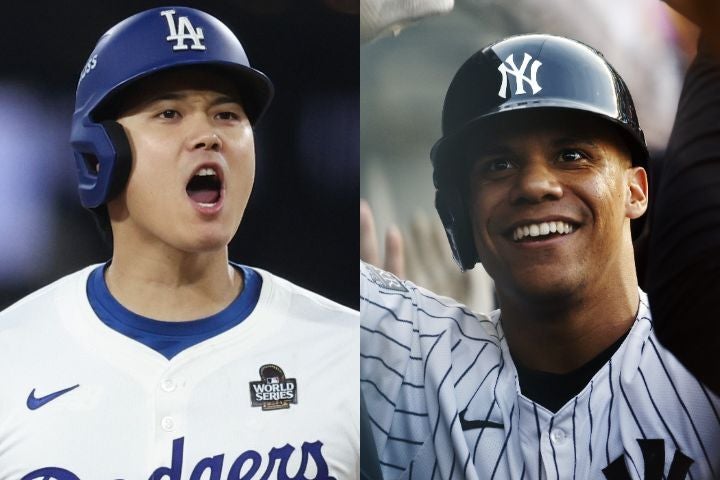 今オフFA市場で注目を集め、メッツと超大型契約を結んだソト（右）と今季、MLBの歴史に残る活躍をみせたドジャースの大谷翔平（左）。(C)Getty Images