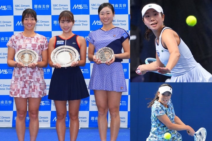 写真左：女子優勝の山口芽生（中央）、準優勝の細木咲良（左）、３位の倉持美穂（右）。写真右上：決勝では山口の強打が火を噴いた。写真右下：粘りを見せた細木。写真：田中研治（THE DIGEST WEB）