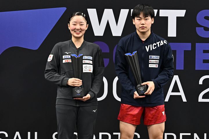 国際舞台で初優勝を飾った張本（左）と松島（右）の混合ダブルスペア。(C) Getty Images