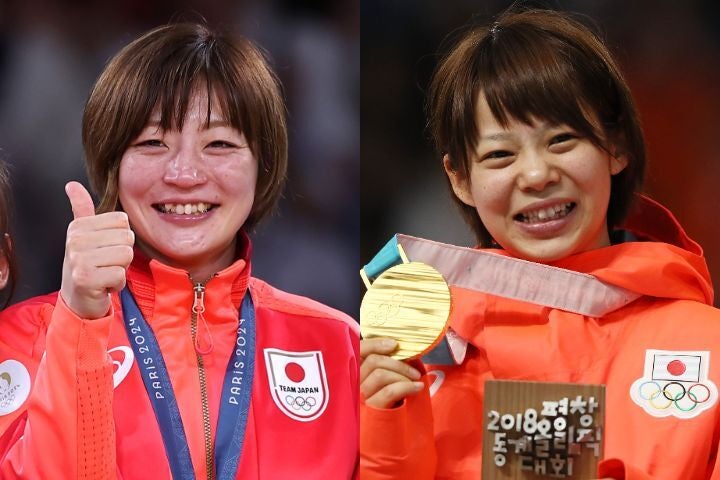 パリ五輪で金メダルに輝いた角田（左）とスピードスケートの高木菜那（右）。金メダルコンビのツーショット写真が話題だ。(C)Getty Images